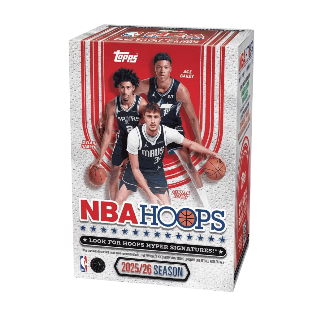 A 2025-26 Topps NBA Hoops basketball blaster box featuring three players on the front.