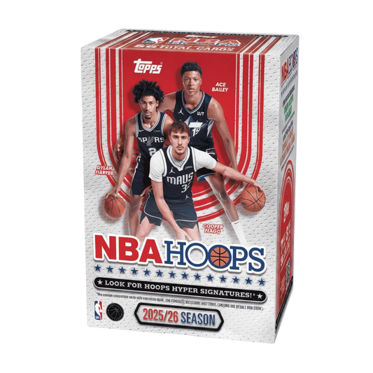 A 2025-26 Topps NBA Hoops basketball blaster box featuring three players on the front.