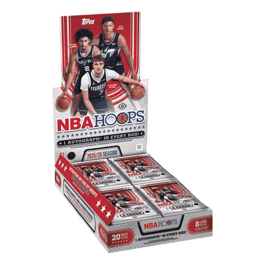 A 2025-26 Topps NBA Hoops basketball hobby box containing twenty packs of trading cards.