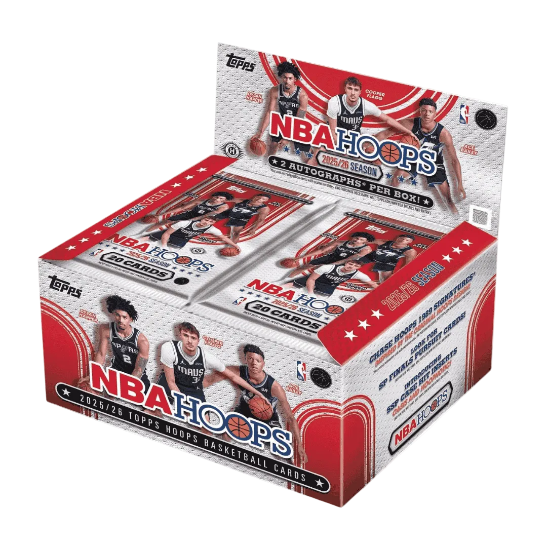 A 2025-26 Topps NBA Hoops basketball jumbo hobby box featuring rookie players on the packaging.