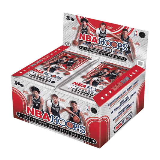 A 2025-26 Topps NBA Hoops basketball jumbo hobby box featuring rookie players on the packaging.