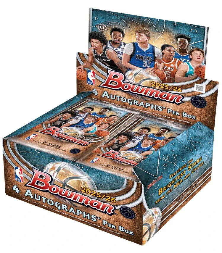A 2025-26 Bowman Basketball jumbo hobby box featuring images of various NBA players.