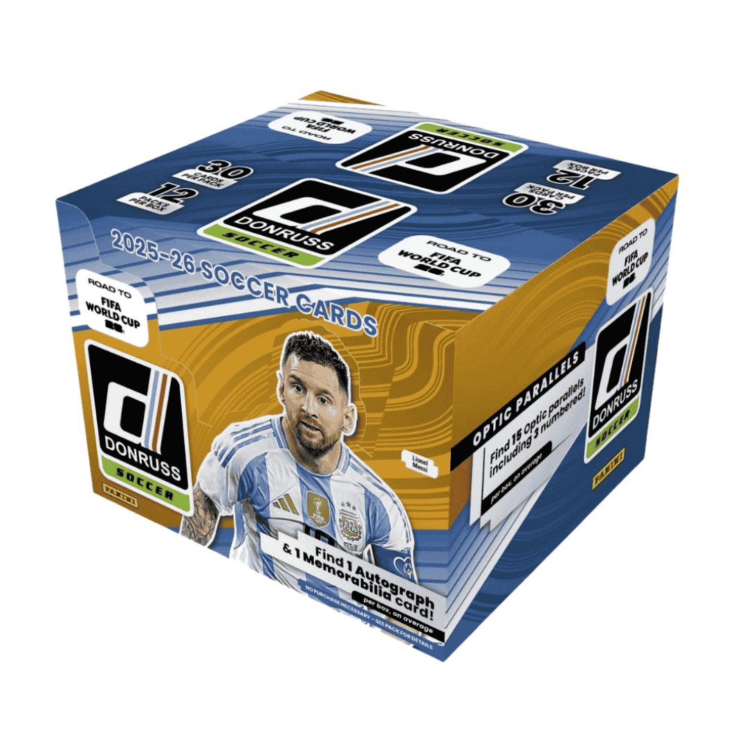 A 2025-26 Panini Donruss Road To FIFA World Cup 26 soccer hobby box featuring Lionel Messi.