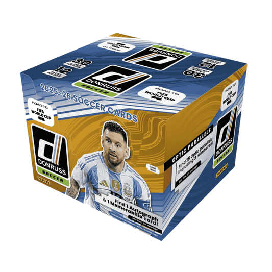 A 2025-26 Panini Donruss Road To FIFA World Cup 26 soccer hobby box featuring Lionel Messi.