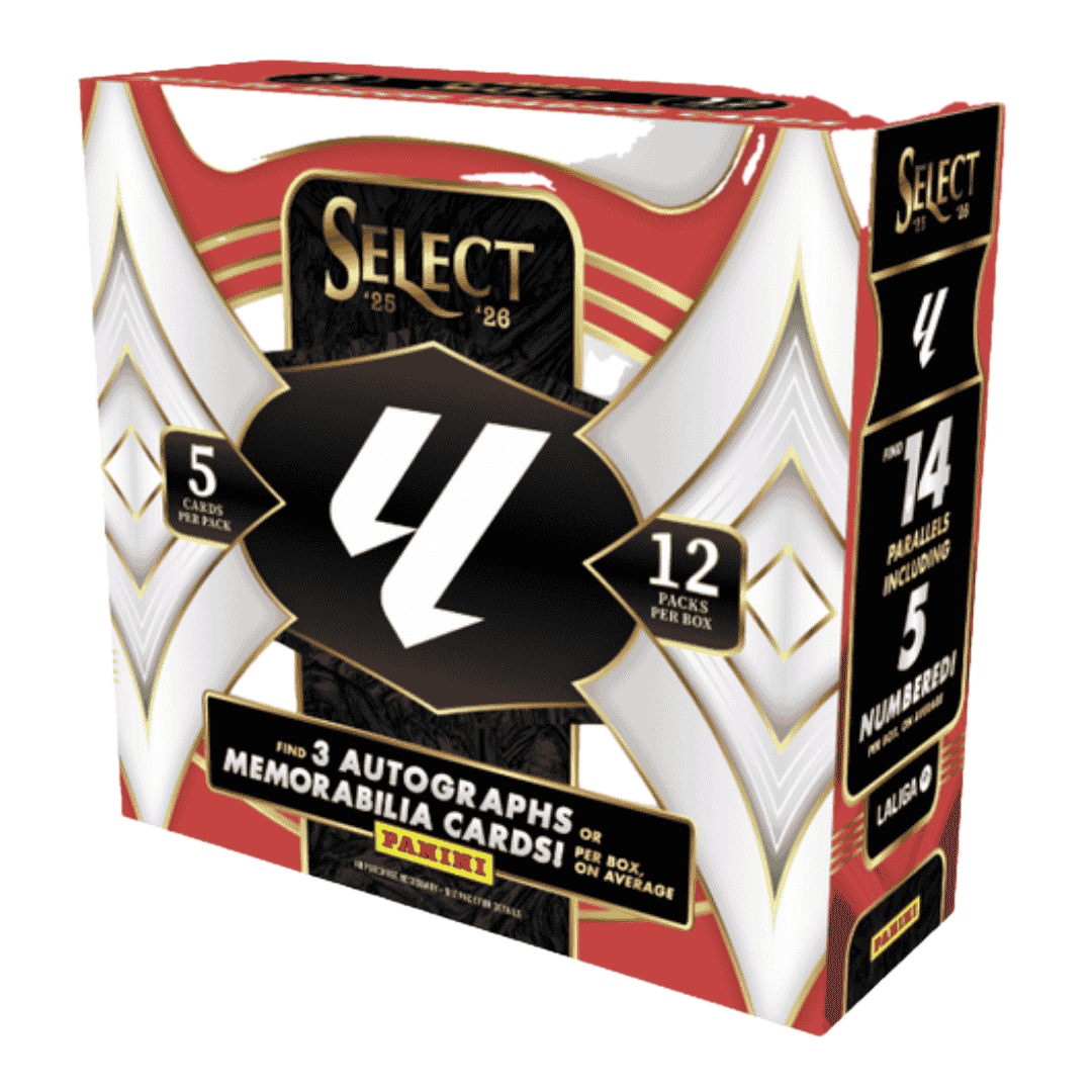 A 2025-26 Panini Select La Liga soccer hobby box with red, white, and gold branding.