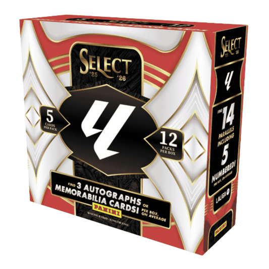 A 2025-26 Panini Select La Liga soccer hobby box with red, white, and gold branding.