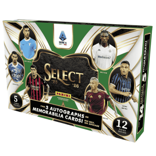 A 2025-26 Panini Select Serie A soccer hobby box featuring images of various professional players.