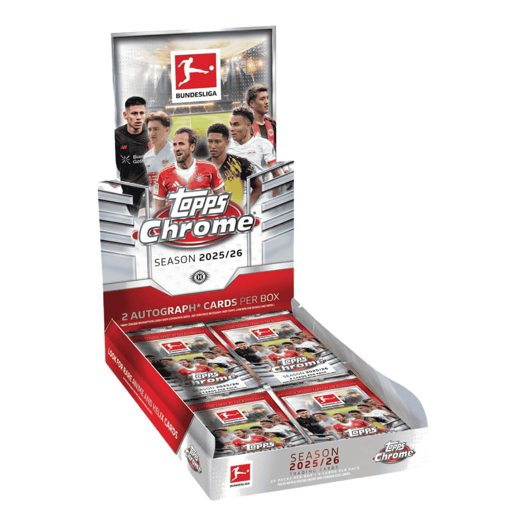 A 2025-26 Topps Chrome Bundesliga soccer hobby box containing twenty packs of trading cards.