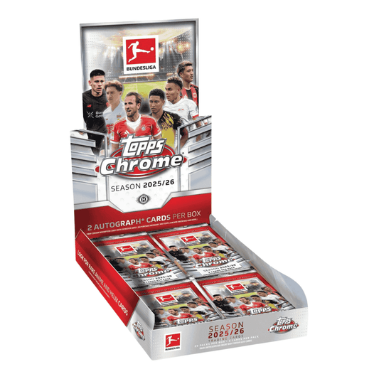 A 2025-26 Topps Chrome Bundesliga soccer hobby box containing twenty packs of trading cards.