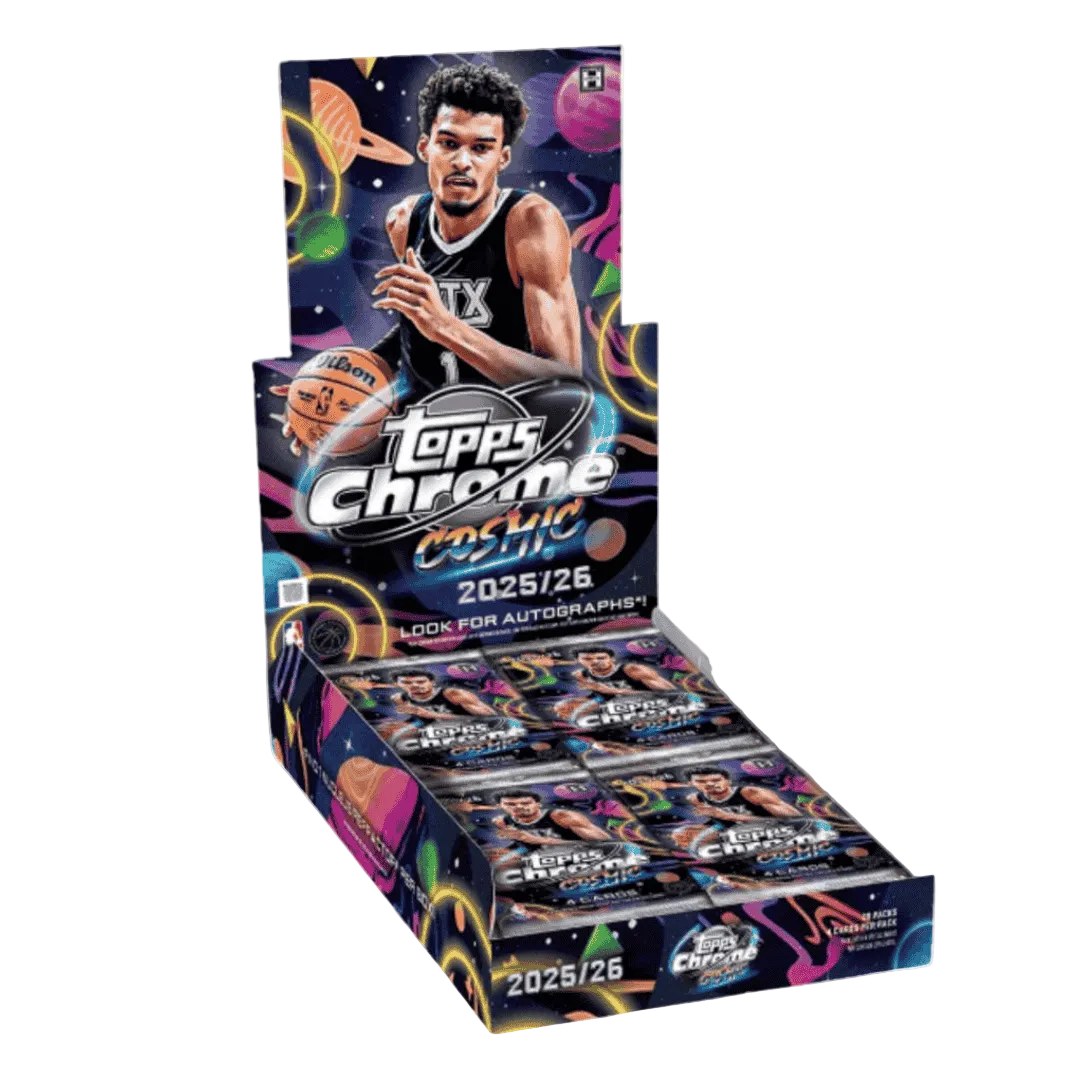A 2025-26 Topps Cosmic Chrome basketball hobby box featuring Victor Wembanyama on the packaging.