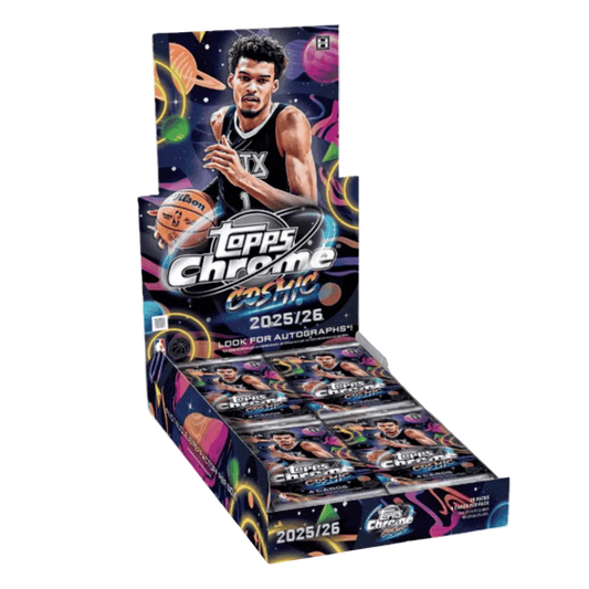 A 2025-26 Topps Cosmic Chrome basketball hobby box featuring Victor Wembanyama on the packaging.