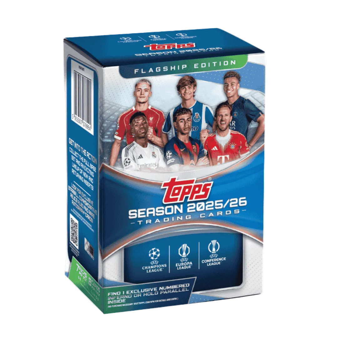A 2025-26 Topps UEFA Club Competitions soccer trading card blaster box featuring player imagery.