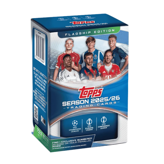 A 2025-26 Topps UEFA Club Competitions soccer trading card blaster box featuring player imagery.