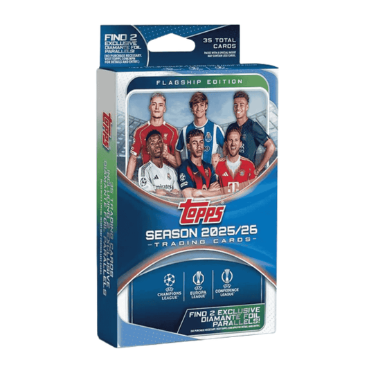 A 2025-26 Topps UEFA Club Competitions soccer trading card hanger box.
