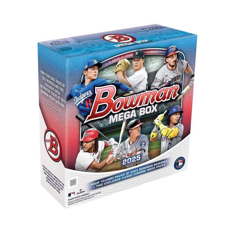 A 2025 Bowman Baseball Mega Box featuring professional baseball players on the packaging.