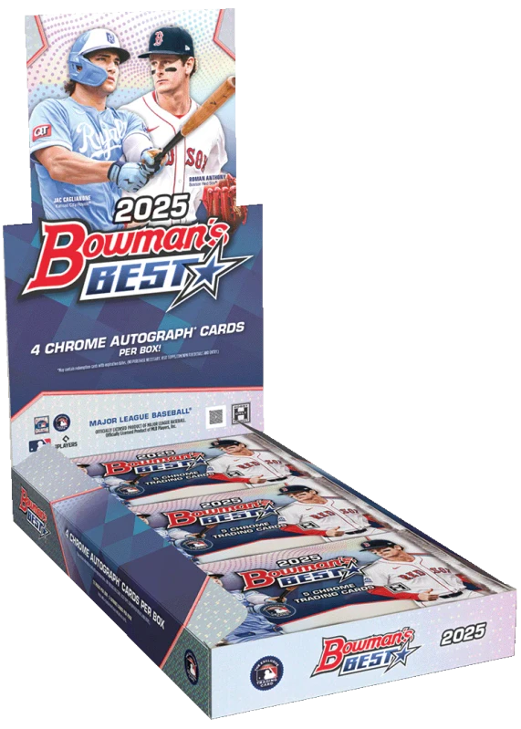 A 2025 Bowman's Best Baseball hobby box featuring four chrome autograph cards per box.