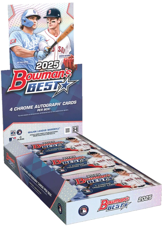 A 2025 Bowman's Best Baseball hobby box featuring four chrome autograph cards per box.