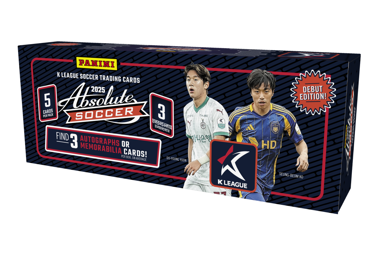 A 2025 Panini Absolute K League soccer hobby box featuring two players on the packaging.