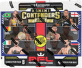 A 2025 Panini Contenders PFL hobby box featuring images of professional MMA fighters.