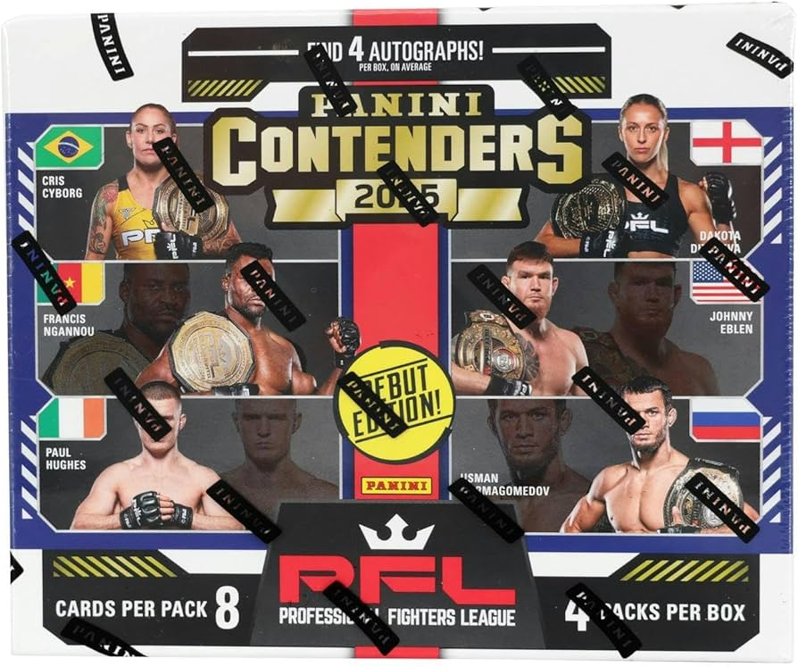 A 2025 Panini Contenders PFL hobby box featuring images of professional MMA fighters.