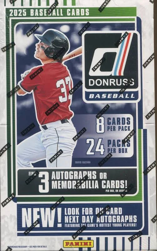 A 2025 Panini Donruss Baseball hobby box featuring a player on the cover.