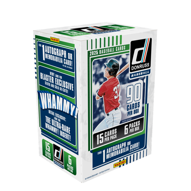 A 2025 Panini Donruss Baseball value box containing 90 cards across six packs.