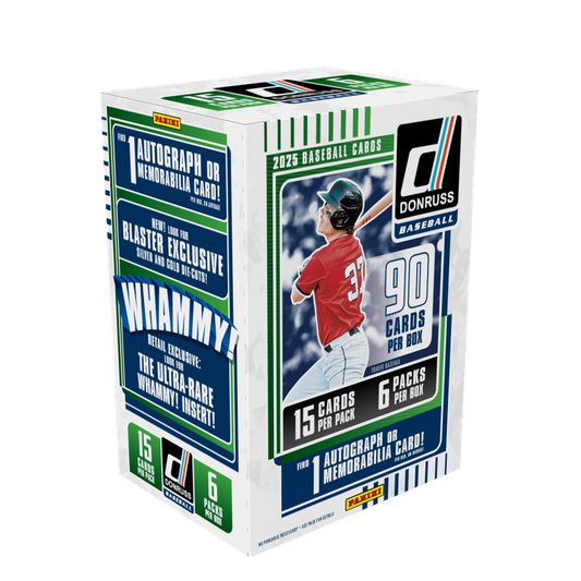 A 2025 Panini Donruss Baseball value box containing 90 cards across six packs.