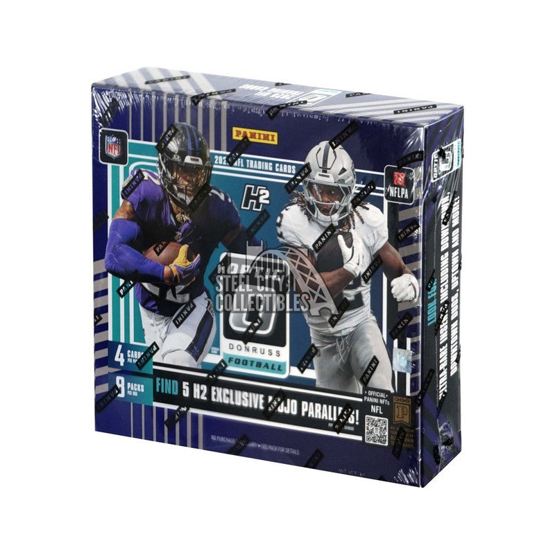 A 2025 Panini Donruss Optic Football H2 hobby box featuring two players on the front.