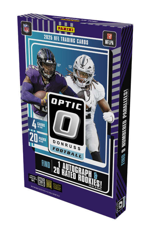 A 2025 Panini Donruss Optic Football hobby box featuring NFL players on the packaging.