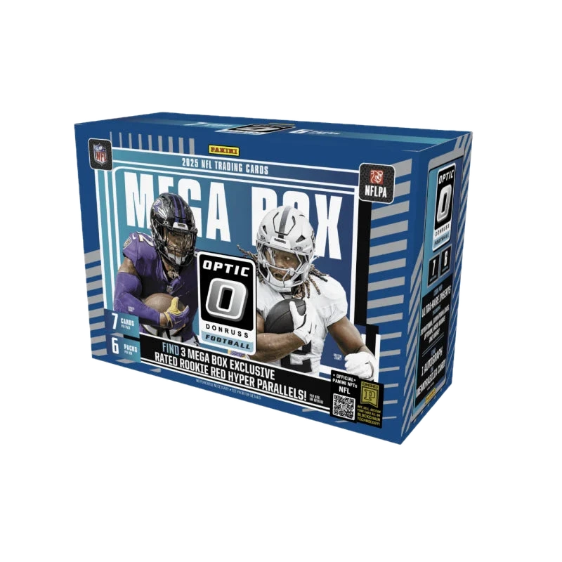 A 2025 Panini Donruss Optic Football Mega Box featuring players on the packaging.