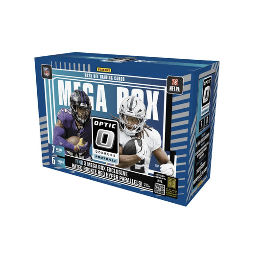 A 2025 Panini Donruss Optic Football Mega Box featuring players on the packaging.
