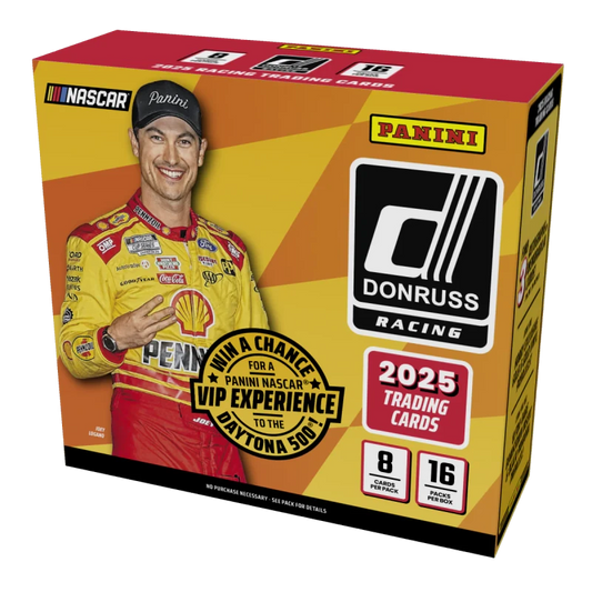 A 2025 Panini Donruss Racing hobby box featuring Joey Logano on the packaging.