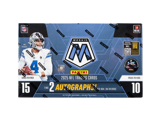 A 2025 Panini Mosaic Football hobby box featuring Dak Prescott on the packaging.