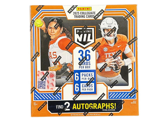 A 2025 Panini NIL Texas Longhorns football hobby box featuring 36 trading cards.