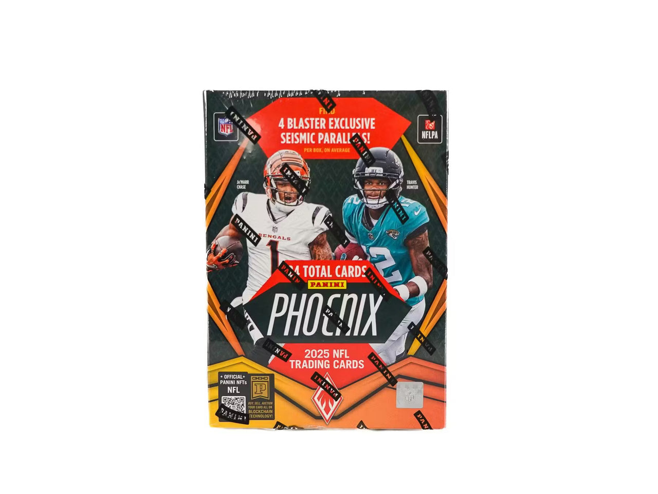 A 2025 Panini Phoenix football trading card blaster box featuring Ja'Marr Chase and Travis Hunter.