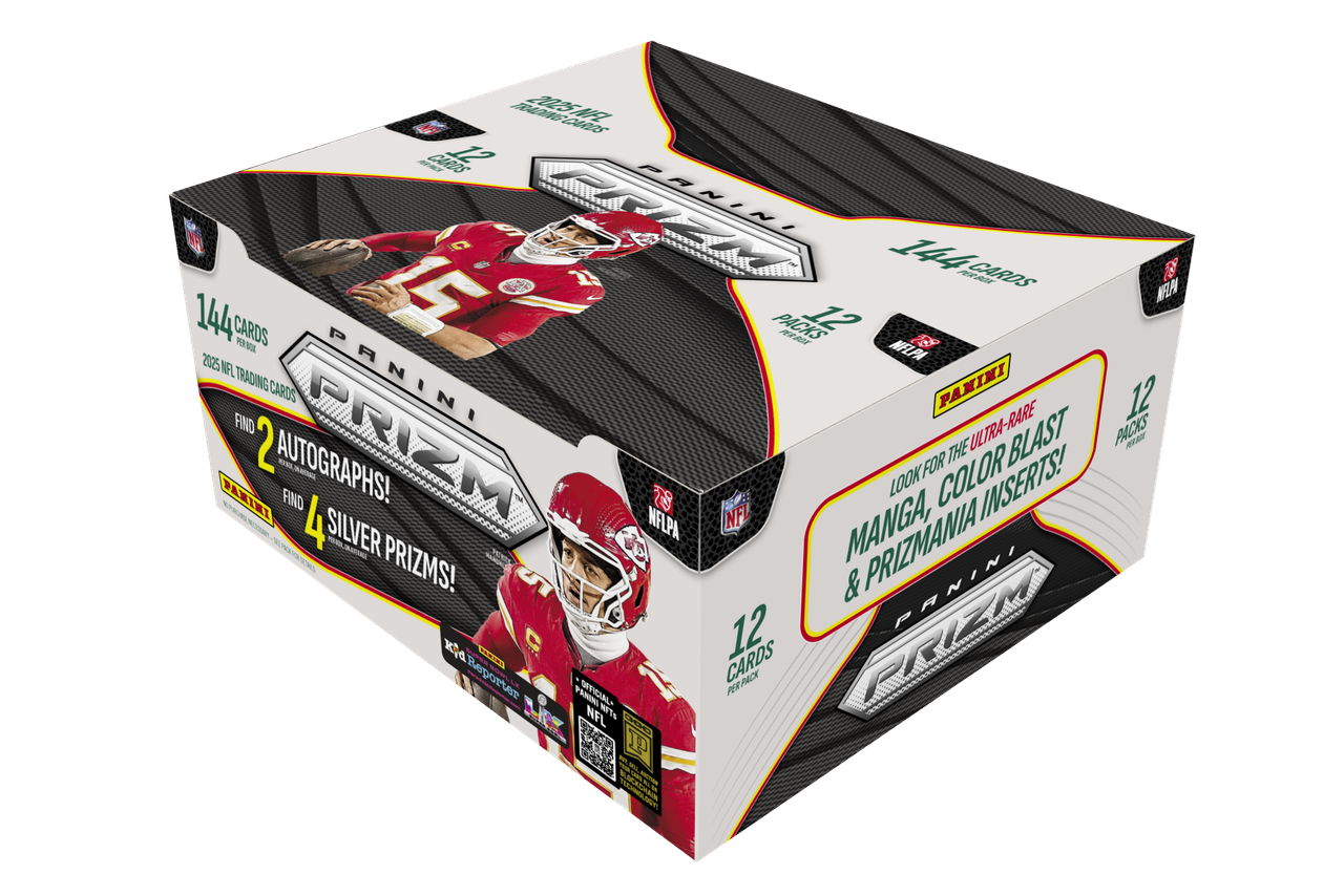 A 2025 Panini Prizm Football hobby box featuring Patrick Mahomes on the packaging.