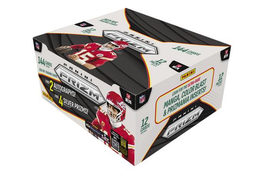 A 2025 Panini Prizm Football hobby box featuring Patrick Mahomes on the packaging.