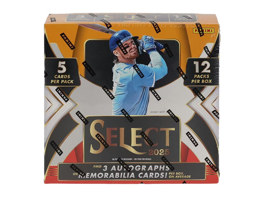 A 2025 Panini Select baseball hobby box featuring Bobby Witt Jr. on the front.