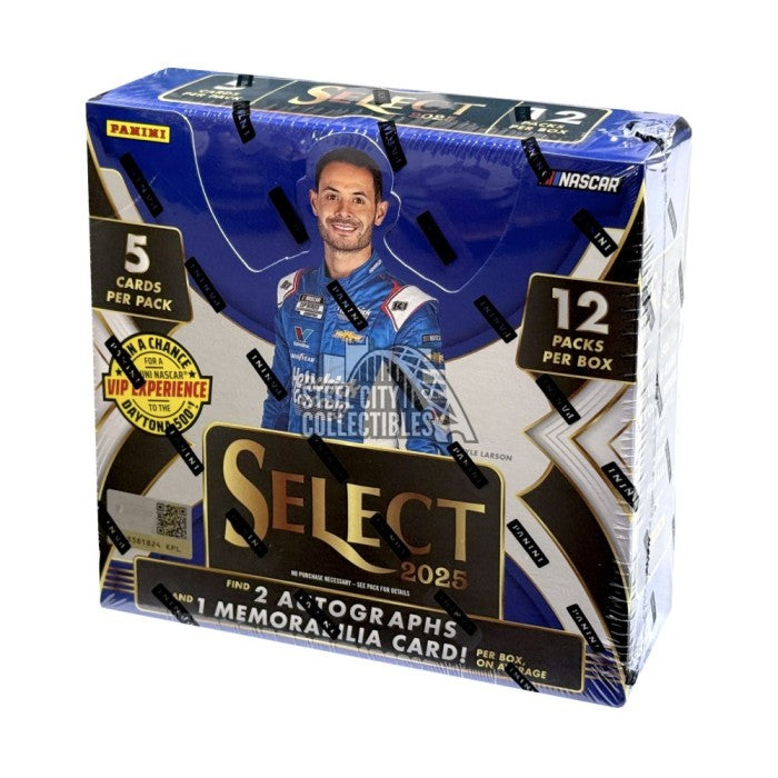 A 2025 Panini Select NASCAR racing hobby box featuring Kyle Larson on the packaging.