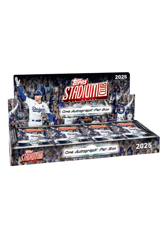 A 2025 Topps Stadium Club baseball hobby box featuring Freddie Freeman on the packaging.