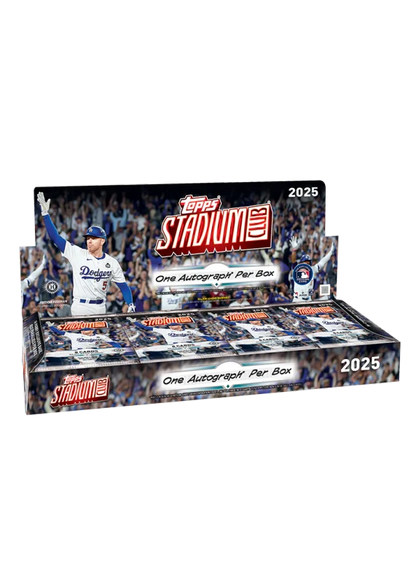 A 2025 Topps Stadium Club baseball hobby box featuring Freddie Freeman on the packaging.