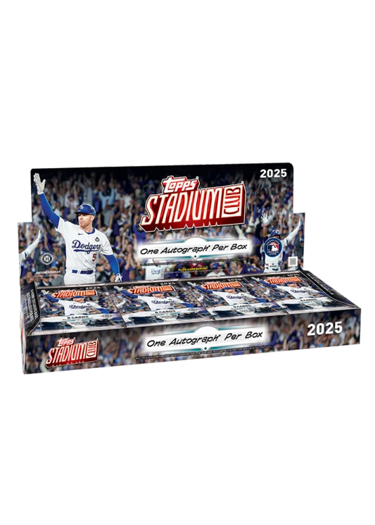 A 2025 Topps Stadium Club baseball hobby box featuring Freddie Freeman on the packaging.