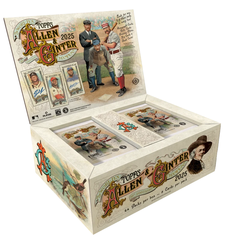 An open 2025 Topps Allen and Ginter baseball hobby box displaying packs and vintage-style cards.