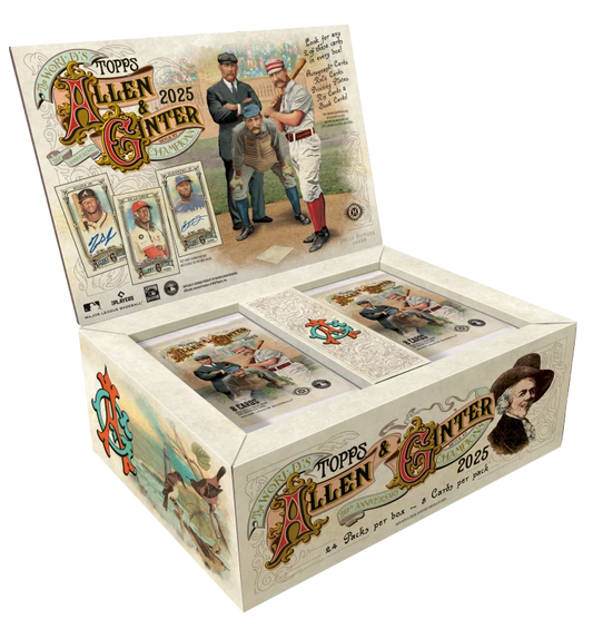 An open 2025 Topps Allen and Ginter baseball hobby box displaying packs and vintage-style cards.