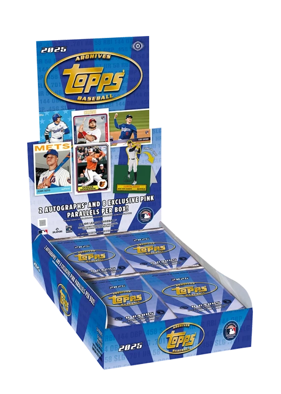 A 2025 Topps Archives Baseball hobby box containing multiple packs of trading cards.
