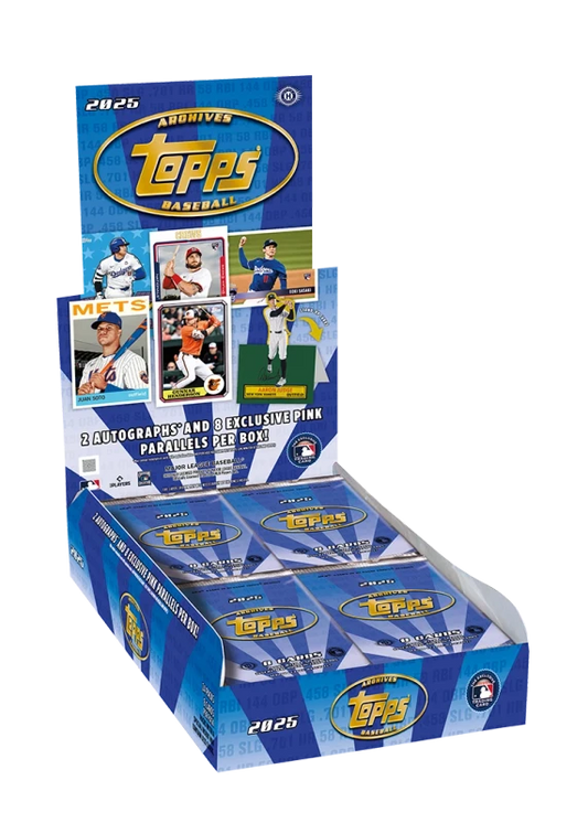 A 2025 Topps Archives Baseball hobby box containing multiple packs of trading cards.