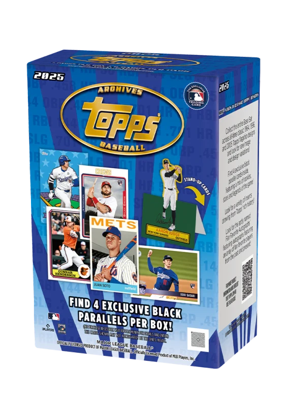 A 2025 Topps Archives Baseball value box featuring various player cards and branding.