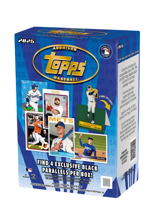 A 2025 Topps Archives Baseball value box featuring various player cards and branding.