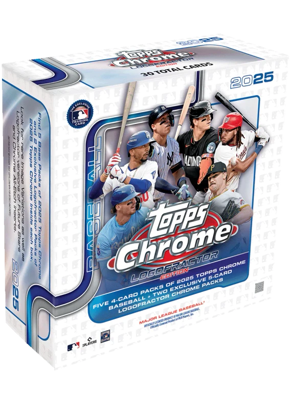 A 2025 Topps Chrome Baseball Logofractor Edition box featuring images of professional players.