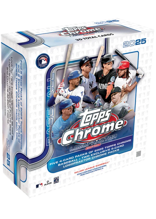 A 2025 Topps Chrome Baseball Logofractor Edition box featuring images of professional players.